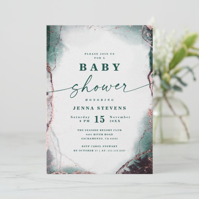 Modern Abstract Emerald Green Baby Shower Invitation (Standing Front)