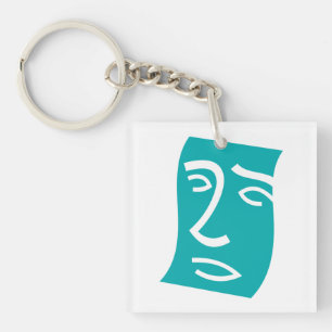 Modern Abstract Face Line Art Teal Key Ring