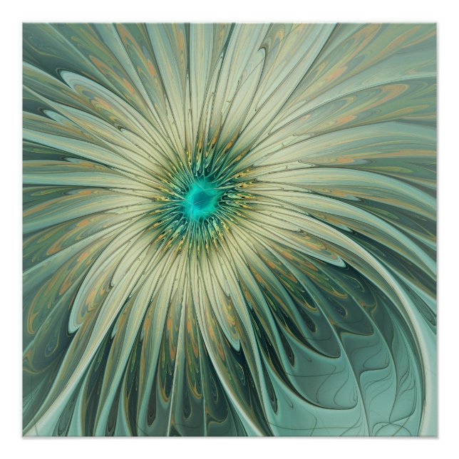 Modern Abstract Fantasy Flower Turquoise Wheat Poster (Front)