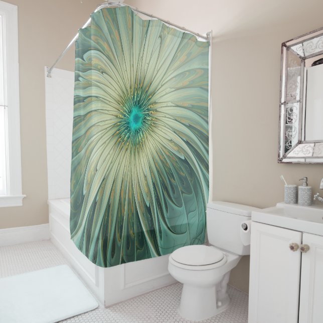 Modern Abstract Fantasy Flower Turquoise Wheat Shower Curtain (In Situ)