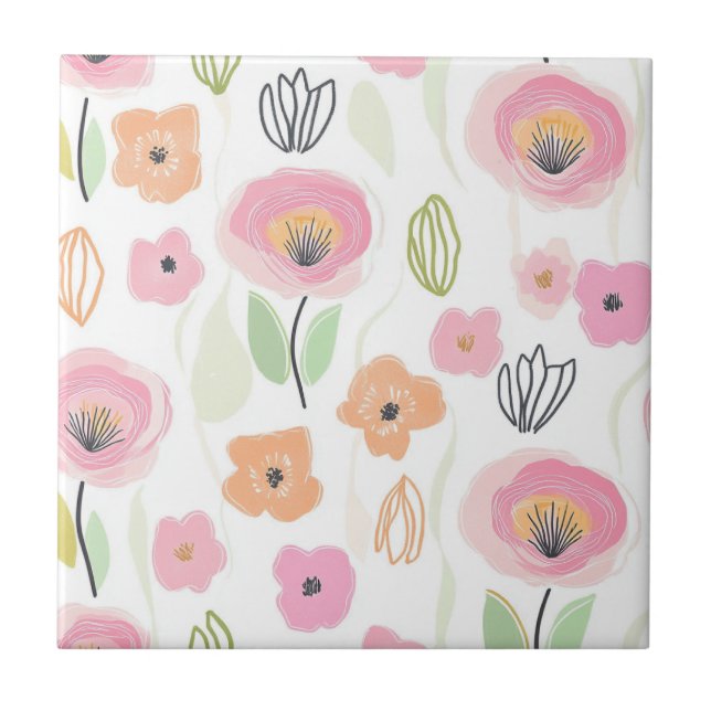 Modern Abstract Floral Line Pattern (2) Tile (Front)