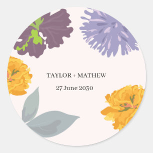Modern Abstract Floral Wedding Couple Names Classic Round Sticker