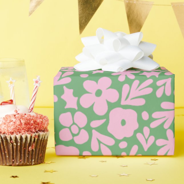 Modern Abstract Florals and Leaves Green Pink Wrapping Paper (Birthday Party)