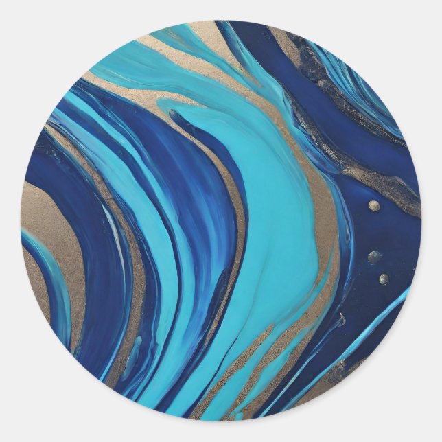 Modern Abstract Flow Art-Blue and Gold- Classic Round Sticker (Front)