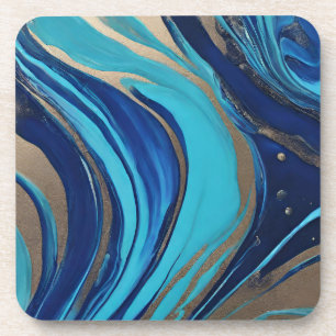 Modern Abstract Flow Art-Blue and Gold- Coaster