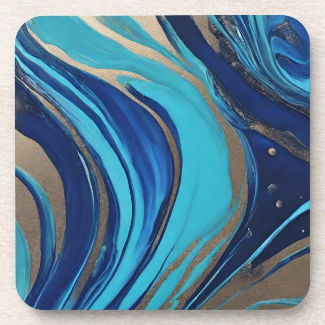 Modern Abstract Flow Art-Blue and Gold- Coaster (Front)