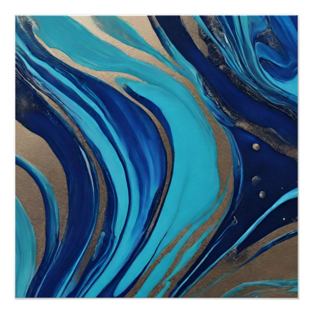 Modern Abstract Flow Art-Blue and Gold- Poster (Front)