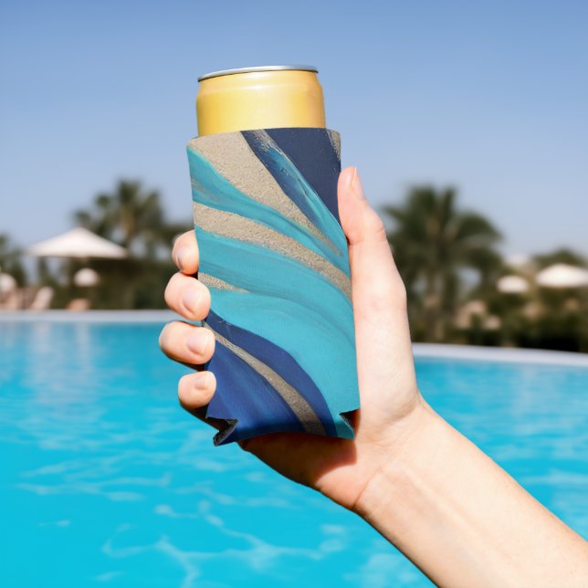 Modern Abstract Flow Art- Blue and Gold- Seltzer Can Cooler (In Situ Pool)