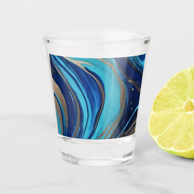 Modern Abstract Flow Art- Blue and Gold- Shot Glass (Front)