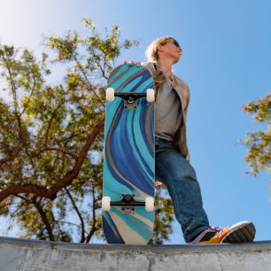 Modern Abstract Flow Art-Blue and Gold- Skateboard