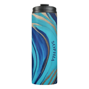 Modern Abstract-Flow Art-Blue and Gold-  Thermal Tumbler