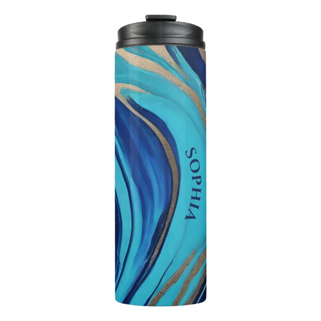Modern Abstract-Flow Art-Blue and Gold-  Thermal Tumbler (Front)