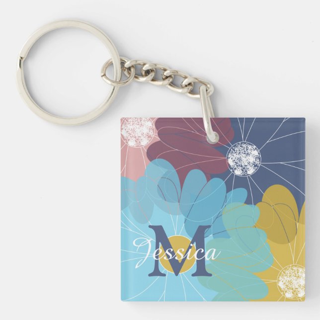 Modern Abstract Flower Art Personalised Key Ring (Front)