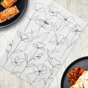 Modern Abstract Flower Black White Minimal Floral Tea Towel