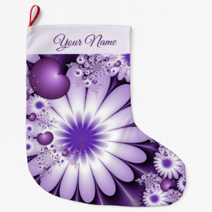 Modern Abstract Flowers & Hearts Fractal Art Name Large Christmas Stocking