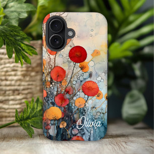 Modern Abstract Flowers Personalised Name iPhone 16 Case