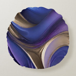 Modern Abstract-Fluid Art-Blue Purple and Gold Round Cushion
