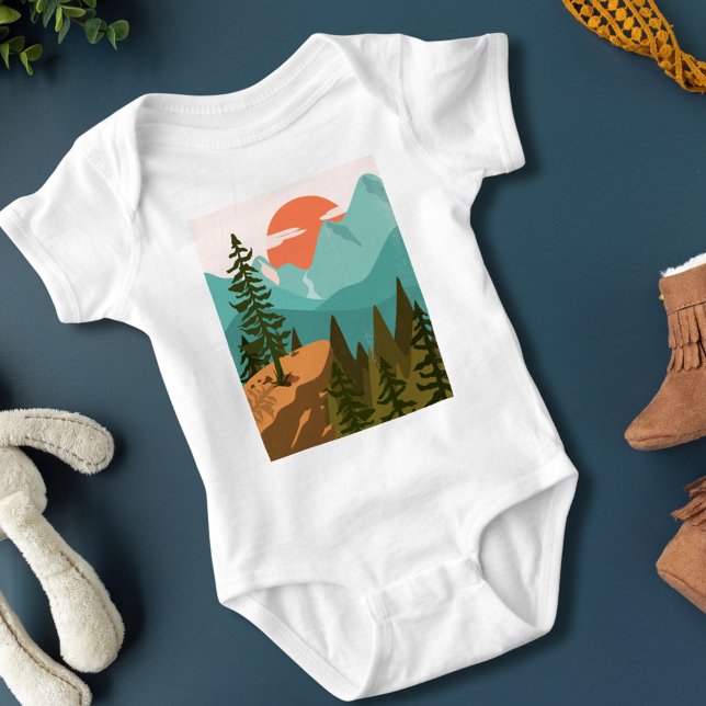 Modern Abstract Forest, Mountains, and Sunrise Baby Bodysuit (Close up)
