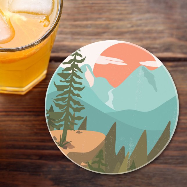 Modern Abstract Forest, Mountains, and Sunrise Coaster (In situ)