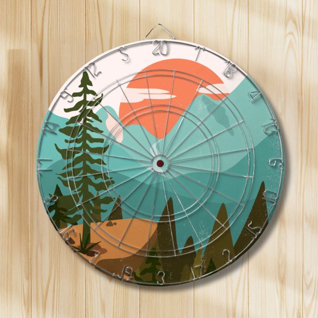 Modern Abstract Forest, Mountains, and Sunrise Dartboard (In situ)