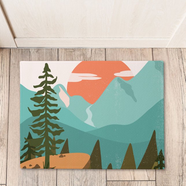 Modern Abstract Forest, Mountains, and Sunrise Doormat (In situ)