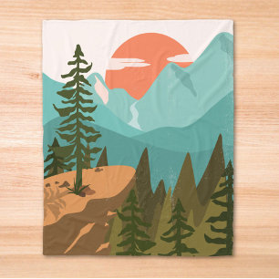 Modern Abstract Forest, Mountains, and Sunrise Fleece Blanket