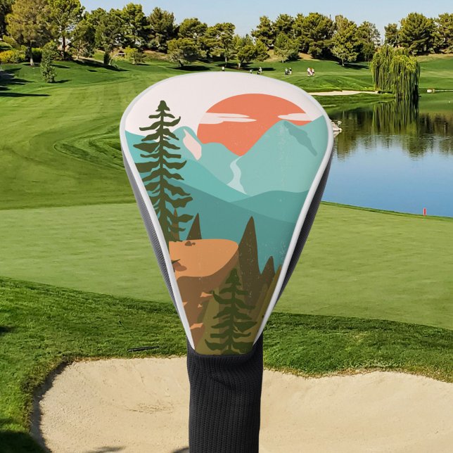 Modern Abstract Forest, Mountains, and Sunrise Golf Head Cover (In situ)