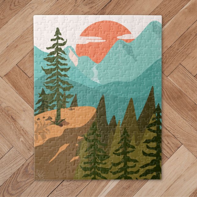 Modern Abstract Forest, Mountains, and Sunrise Jigsaw Puzzle (Close up)