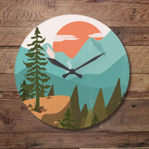 Modern Abstract Forest, Mountains, and Sunrise Large Clock