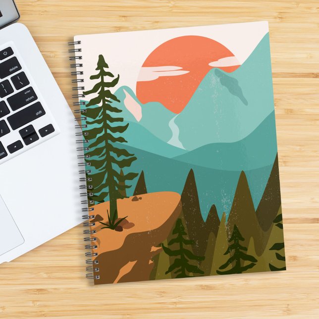 Modern Abstract Forest, Mountains, and Sunrise Notebook (In situ)