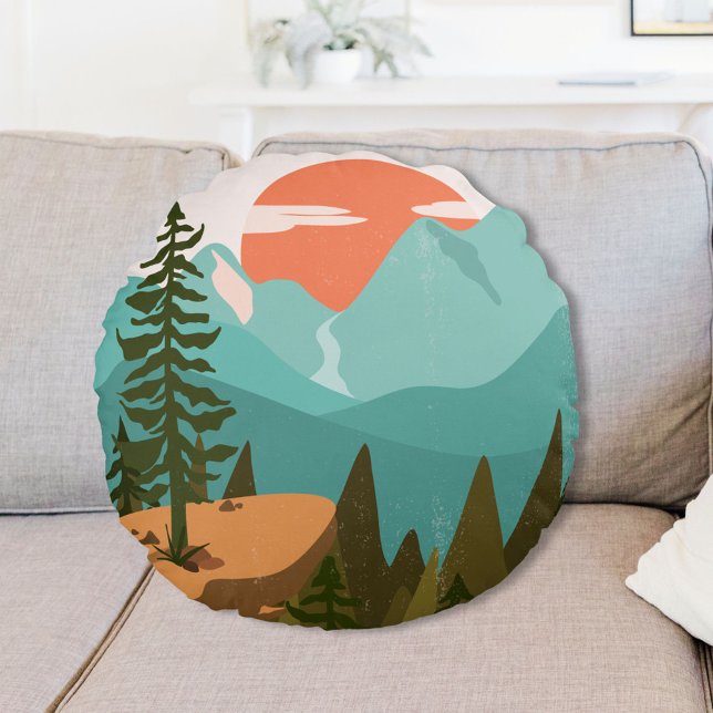 Modern Abstract Forest, Mountains, and Sunrise Round Cushion (In situ)