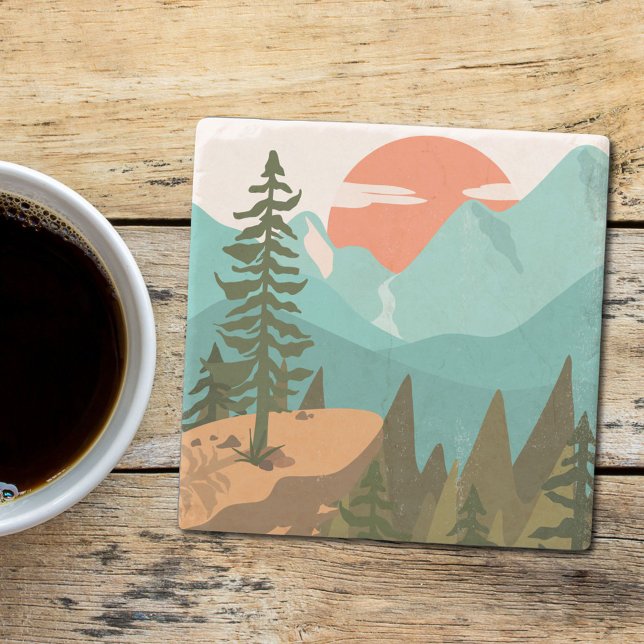 Modern Abstract Forest, Mountains, and Sunrise Stone Coaster (In situ)