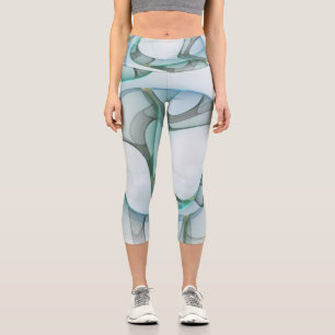 Modern Abstract Fractal Art Blue Turquoise Grey Capri Leggings