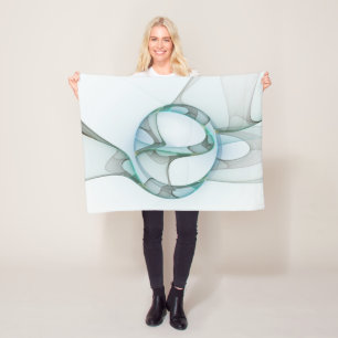 Modern Abstract Fractal Art Blue Turquoise Grey Fleece Blanket