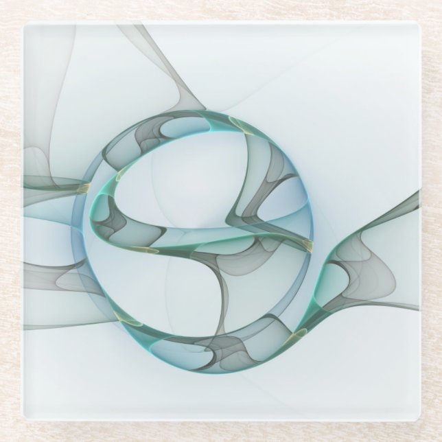 Modern Abstract Fractal Art Blue Turquoise Grey Glass Coaster (Front)