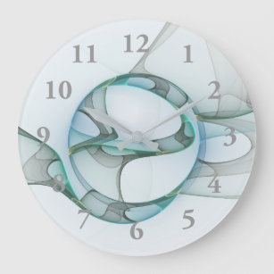 Modern Abstract Fractal Art Blue Turquoise Grey Large Clock