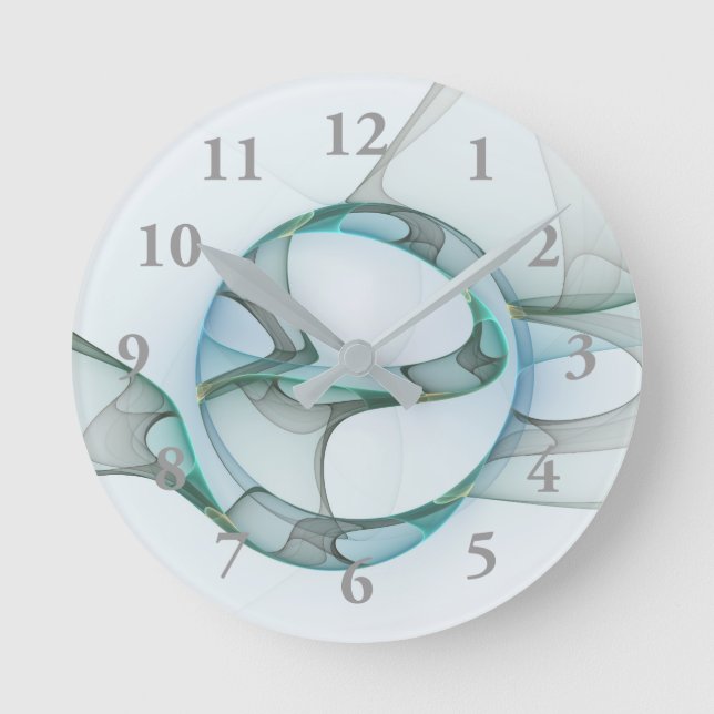 Modern Abstract Fractal Art Blue Turquoise Grey Round Clock (Front)