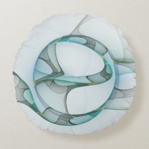 Modern Abstract Fractal Art Blue Turquoise Grey Round Cushion