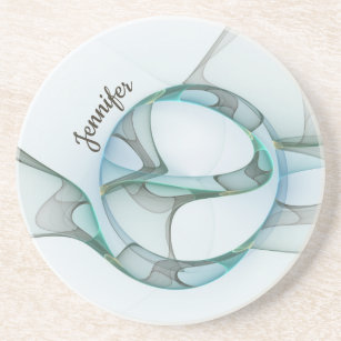 Modern Abstract Fractal Blue Turquoise Grey Name Coaster