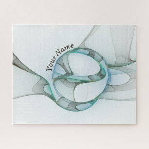 Modern Abstract Fractal Blue Turquoise Grey Name Jigsaw Puzzle