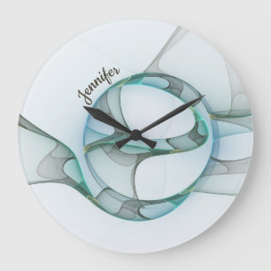 Modern Abstract Fractal Blue Turquoise Grey Name Large Clock