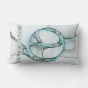 Modern Abstract Fractal Blue Turquoise Grey Name Lumbar Cushion