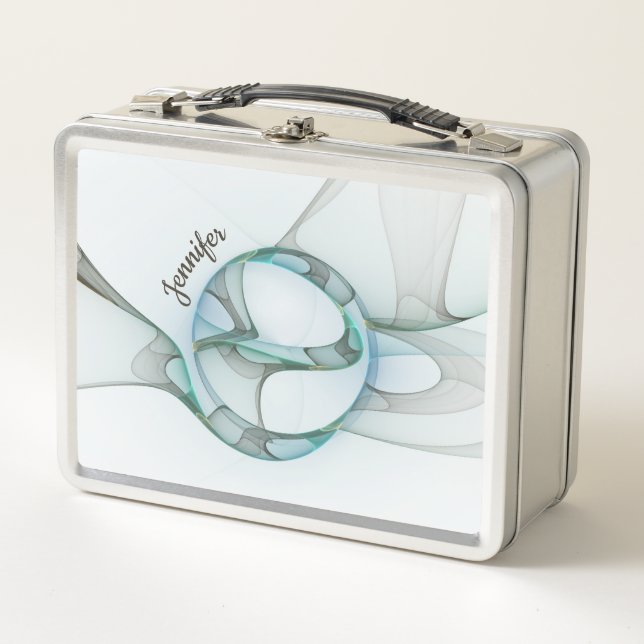 Modern Abstract Fractal Blue Turquoise Grey Name Metal Lunch Box (Front)