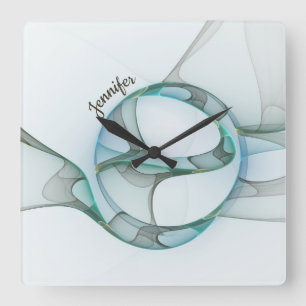 Modern Abstract Fractal Blue Turquoise Grey Name Square Wall Clock
