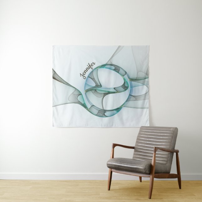 Modern Abstract Fractal Blue Turquoise Grey Name Tapestry (In Situ (Horizontal))