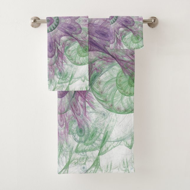 Modern Abstract Fractal Purple and Green Design Bath Towel Set (Insitu)