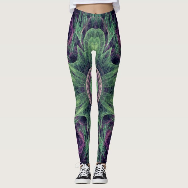 Modern Abstract Fractal Purple and Green Design Leggings (Front)