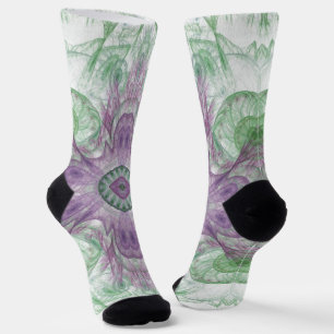 Modern Abstract Fractal Purple and Green Design Socks