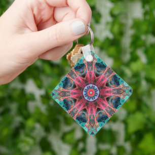 Modern Abstract Fractal Red and Blue Design Key Ring
