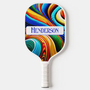 Modern Abstract Fun Rainbow Colour Swirls Monogram Pickleball Paddle